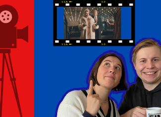 Podcast: Fünf Filme für euren US-Wahlabend Eine Frau und ein Mann deuten auf eine filmrolle, in der ein bild von dem Film the Apprentice ist