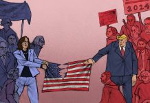 Wie Trumps zweite Amtszeit Amerika verändern könnte Trump und Harris zerreißen eine Amerika Flagge.