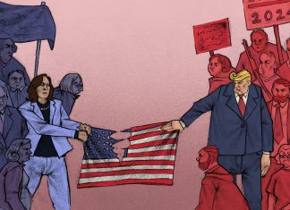 Wie Trumps zweite Amtszeit Amerika verändern könnte Trump und Harris zerreißen eine Amerika Flagge.