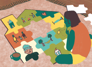 Zwischen Fern- und Heimweh: Wo ist mein Zuhause? Eine Illustration einer Person, die ein Zuhause zusammen puzzelt. Auf den Puzzleteilen befinden sich Emotionen, Gegenstände und Orte.
