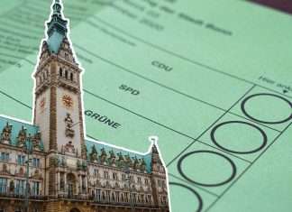 Bürgerschaftswahl könnte vorgezogen werden Bundestags- und Bürgerschaftswahl: Zu sehen ist das Hamburger Rathaus. Im Hintergrund ist ein Wahlzettel zu sehen. Darauf stehen die Parteien CDU, Grüne und SPD