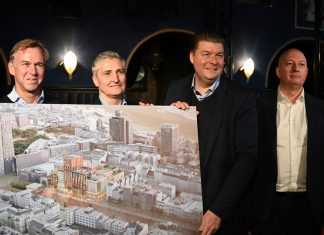 Paloma-Viertel: Pläne für die neue Bebauung stehen fest Frank Gerhard Schmidt (l-r), Vorstandsmitglied von Quantum Immobilien, Thomas Krebs, Vorstandssprecher der Saga Unternehmensgruppe, Andreas Dressel (SPD), Senator für Finanzen in Hamburg, und Gordon Gorski, CEO Bayerische Hausbau Development bei einer Pressekonferenz.