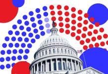US-Wahlsystem: Warum zwei Parteien die Nation dominieren Symbolbild zum US-Wahlsystem: Zu sehen ist die blau-tote Sitzverteilung im Capitol und ein Bild des Capitol-Gebäudes.