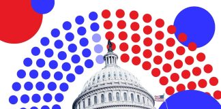 Symbolbild zum US-Wahlsystem: Zu sehen ist die blau-tote Sitzverteilung im Capitol und ein Bild des Capitol-Gebäudes.