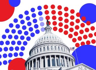 US-Wahlsystem: Warum zwei Parteien die Nation dominieren Symbolbild zum US-Wahlsystem: Zu sehen ist die blau-tote Sitzverteilung im Capitol und ein Bild des Capitol-Gebäudes.