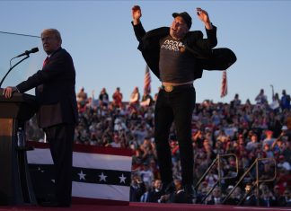US-Wahl und Popkultur: Prominente Unterstützung für Trump und Harris Elon Musk springt auf einer Bühne neben Donald Trump umher.