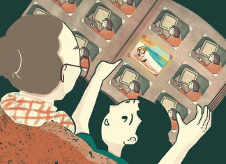 Work-Life-Balance: Ich will Erinnerungen statt Erschöpfung Eine Illustration einer Oma mit ihrem Enkel. Sie blättern in einem Fotoalbum.