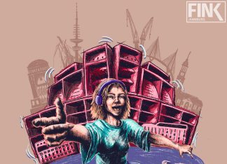 Gleiche Bühne für alle: Flinta an den Decks Cover des Podcasts Hamburgs Dub: Boxen, Bässe, Riddims. Eine DJ mit einem Soundsystem und Hamburgs Wahrzeichen im Hintergrund. Illustration: Anna Plehnert.