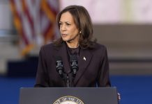 US-Wahl 2024: Demokraten bereiten Machtwechsel vor US-Vizepräsidentin Kamala Harris steht an einem Rednerpult und spricht zu ihren Anhängern.
