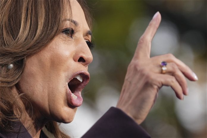 Kamala Harris von der Seite während ihrer Rede in Washington.