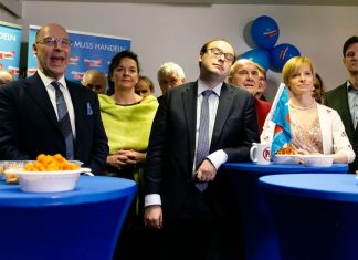 AfD: Olga Petersen verliert Mandate Vorstands-Beisitzerin Olga Petersen (2.v.r.) bei der Wahlparty der AfD. Auch auf dem Bild: AfD-Mitglieder Alexander Wolf (l) und Krzysztof Walczak (4.v.l.).