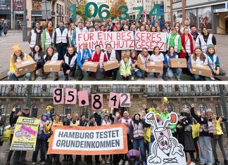 Neuwahl schwierig für Hamburger Volksentscheide Volksentscheide auf der Kippe: Viele Menschen vom Volksentscheid Hamburg testet Grundeinkommen und vom Volksentscheid Zukunftsentscheid stehen vor dem Hamburger Rathaus. Sie halten Zahlen in die Höhe.