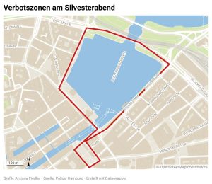 Eine Karte von Hamburg rund um die Innenstadt für die Böllerverbote an Silvester. Die Binnenalster und der Rathausmarkt sind rot umrandet.