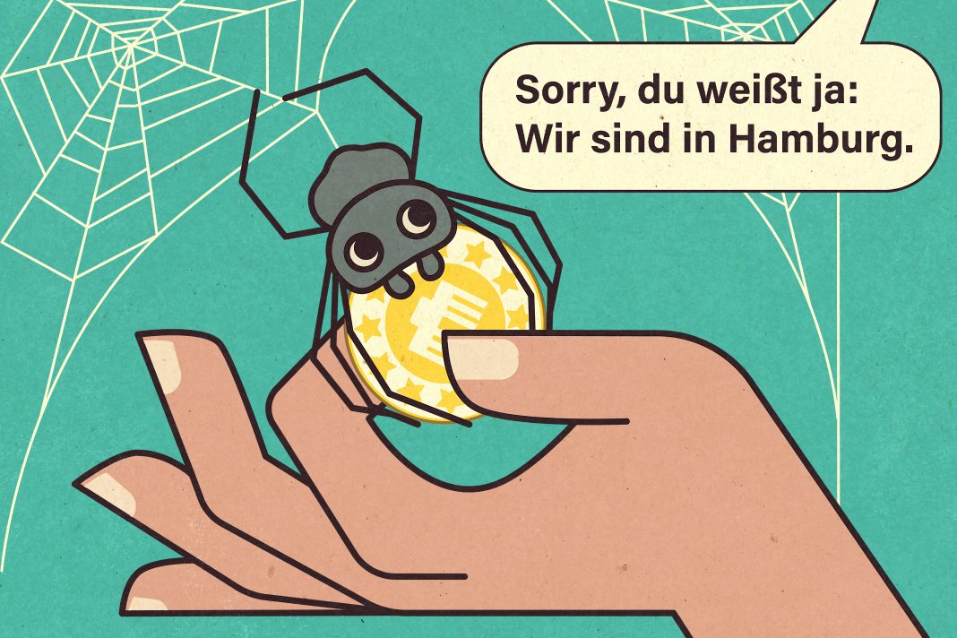 Eine Illustration zeigt eine Spinne, die Geld für die Wohnungsmiete abgibt.