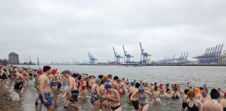 Zahlreiche Menschen gehen in der Elbe Eisbaden. Im Hintergrund ist ein Teil des Hafens zu sehen. Foto: Eisbademeisters Hamburg