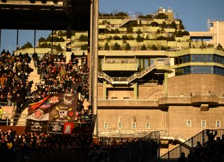 Fans des FC St. Pauli auf der Tribüne des Millerntor Stadions. Im Hintergrund der Bunker auf dem Heiligengeistfeld.