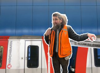 Unsichtbare Wege – Hamburgs Straßen als Blinder Fotocollage von André, einer U-Bahn und einem Geländer mit Braille-Schrift.