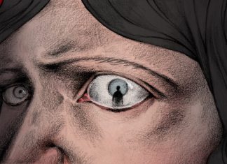 Sie mussten sterben, weil sie Frauen sind Eine Frau, die im Auge den Schatten eines Mannes hat.