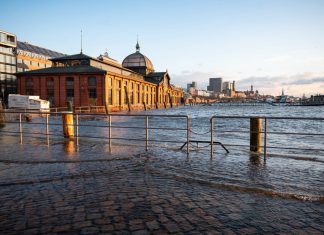 Sturmflut setzt Fischmarkt unter Wasser Die erste Sturmflut des Jahres unterspülte ein Geländer im Vordergrund, im Hintergrund sieht man den überfluteten Platz am Hamburger Fischmarkt.