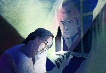 Verheiratet mit einer KI Links ist eine traurige Frau, die auf ihr Handy schaut. Aus dem Handy kommt Licht. Darin zusehen ist ein Mann in der Luft. Der Mann steht für den KI-Mann der Frau. Im Hintergrund ist ein Fenster zu sehen.