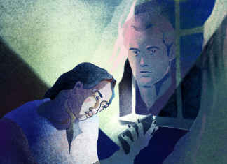 Verheiratet mit einer KI Links ist eine traurige Frau, die auf ihr Handy schaut. Aus dem Handy kommt Licht. Darin zusehen ist ein Mann in der Luft. Der Mann steht für den KI-Mann der Frau. Im Hintergrund ist ein Fenster zu sehen.