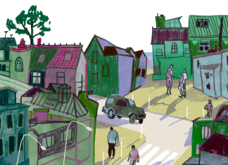 Mit Wohnungstausch gegen die Wohnkrise? Eine Illustration zeigt zwei Menschen vor Häusern, die ihre Wohnungen tauschen und sich die Schlüssel überreichen.