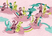 Warum manche Freundschaften nicht für immer sind Illustration mit verschiedenen Personen, die als Freunde durch unterschiedliche Lebensphasen gehen.