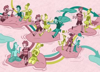 Warum manche Freundschaften nicht für immer sind Illustration mit verschiedenen Personen, die als Freunde durch unterschiedliche Lebensphasen gehen.