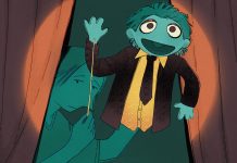 Der große Schwindel: Impostor-Syndrom beim Berufsstart Illustration Impostor-Syndrom: Ein gemaltes Bild, auf dem eine Person auf einer Bühne eine Handpuppe lenkt und sich selbst im Hintergrund hält.