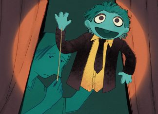 Der große Schwindel: Impostor-Syndrom beim Berufsstart Illustration Impostor-Syndrom: Ein gemaltes Bild, auf dem eine Person auf einer Bühne eine Handpuppe lenkt und sich selbst im Hintergrund hält.