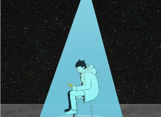 Aktionswoche gegen Einsamkeit startet Zeichnung einer Person, die mit Handy auf einem Hocker sitzt und mit einem Spotlight beleuchtet wird.