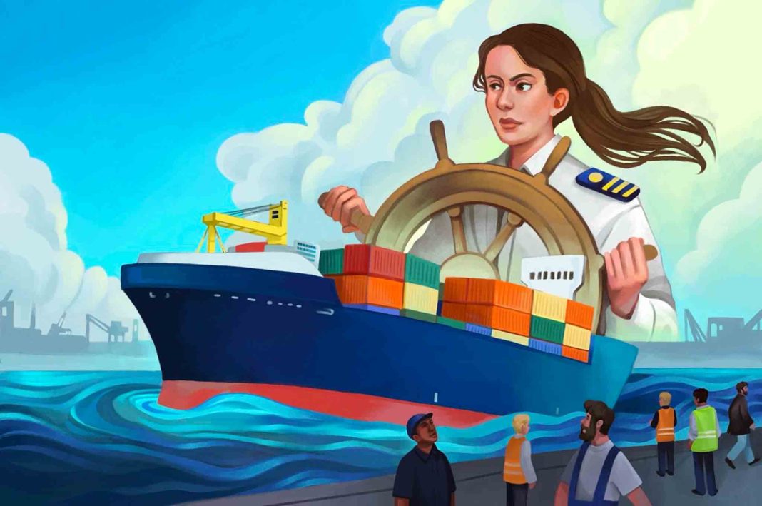 Eine Illustration einer Frau am Steuer auf einem Containerschiff. Unten am Hafen stehen Männer und schauen hoch zu dem Schiff.