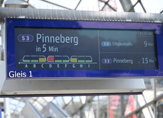 KI-Einsatz in Hamburger S-Bahnen Ein Anzeigenschild auf dem ein Zug mit roten, orangen und grünen Waggons eingeblendet wird. Für die Darstellung der Lichtschranken, mithilfe von KI.