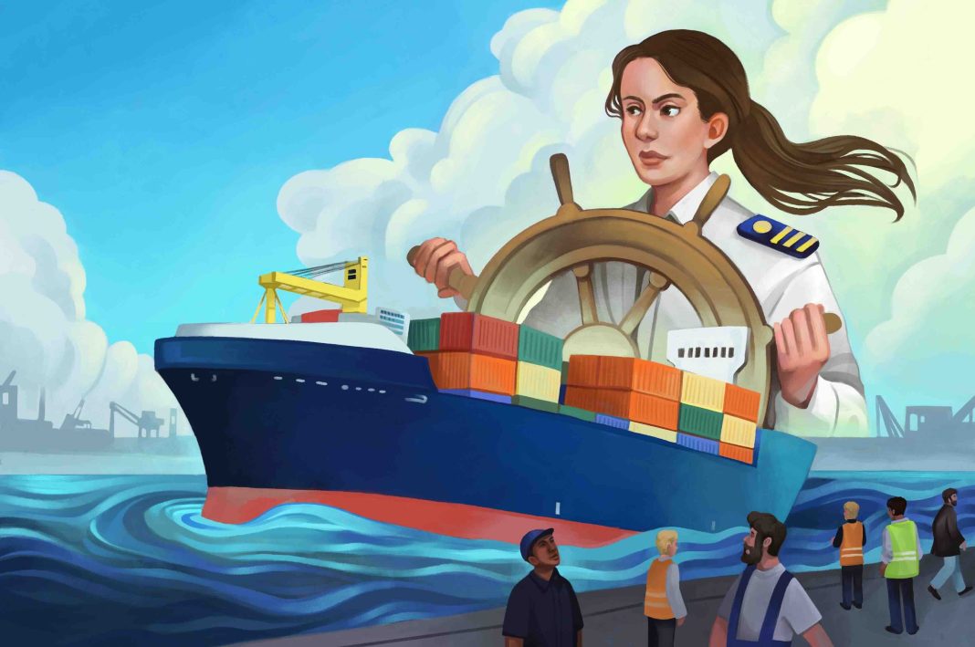 Eine Illustration einer Frau am Steuer auf einem Containerschiff. Frauen in der Schiffahrt werden immer noch ignoriert.
