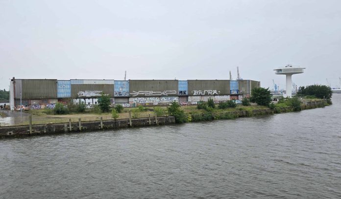 Blick auf den Baakenhöft in Hamburg an einem regnerischen Tag