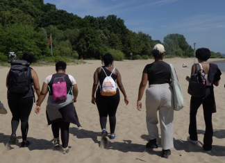 Ein Wanderausflug mit Black Hike Hamburg Eine Menschengruppe wandert bei Black Hike Hamburg einen Strand entlang.