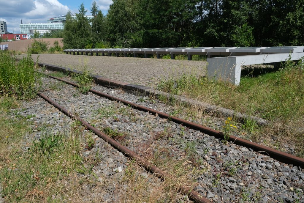 Zugewachsene Bahngleise an der Gedenkstätte Hannoverscher Bahnhof. Das Bild ist eingebettet in den Artikel Stolpersteine - kleiner Stein, große Wirkung?