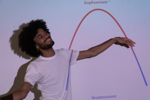 Der Sänger Fayim steht lachen vor einer Wand. Auf die Wand wird ein Schaubild projiziert – Es zeigt Brust- und Kopfresonanz. 