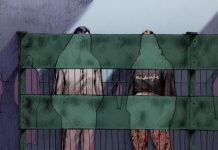 Die unsichtbaren Frauen am Hauptbahnhof Hamburg Eine Illustration von zwei Frauen, die hinter einem Sichtschutz stehen.