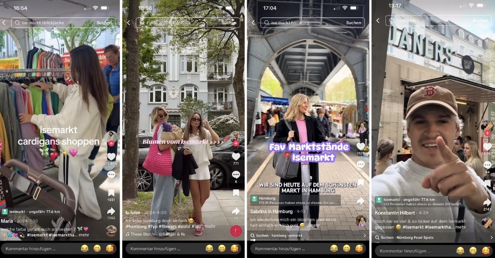Vier Screenshots aneinandergereiht von TikTok-Videos auf dem Isemarkt. Auf dem ersten Foto eine Frau, die Cardigans anschaut. Auf dem zweiten zwei junge Frauen mit Blumen im Arm. Auf dem dritten posiert eine Frau auf dem Isemarkt und das letzte Bild zeigt ein jungen Mann, der in die Kamera lacht.