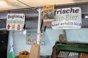 Stand mit Eiern. Schild mit Aufschrift Frische Bio-Eier.