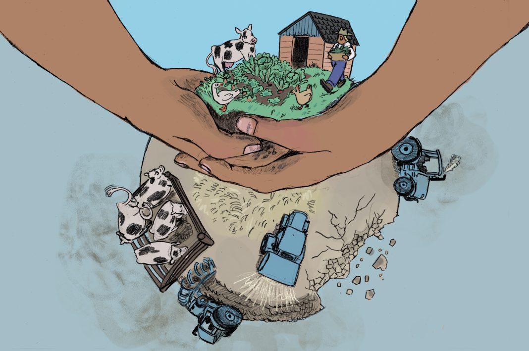Auf dere Illustration ist eine Welt zu sehen, dessen obere Hälfte von Händen gehalten wird. Dieser Abschnitt ist grün, während der untere Bereich düster ist und Traktoren drauf zu sehen sind.