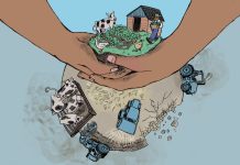 Mit der Hand in der Erde Auf dere Illustration ist eine Welt zu sehen, dessen obere Hälfte von Händen gehalten wird. Dieser Abschnitt ist grün, während der untere Bereich düster ist und Traktoren drauf zu sehen sind.