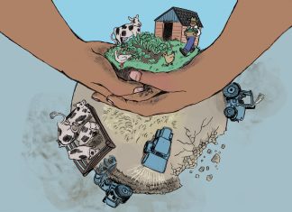 Mit der Hand in der Erde Auf dere Illustration ist eine Welt zu sehen, dessen obere Hälfte von Händen gehalten wird. Dieser Abschnitt ist grün, während der untere Bereich düster ist und Traktoren drauf zu sehen sind.