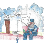 Plattdeutsch in Hamburg: Totgesagte leben länger? Mann angelt vor Elbphilarmonie.