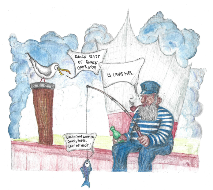 Mann angelt vor Elbphilarmonie.