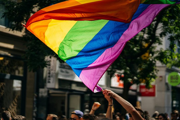 ein Mensch schwenkt eine Regenbogenflagge auf einer Demonstration für mehr queere Sichtbarkeit