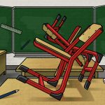 Ein AfD-Mitglied im Schuldienst – geht das? Eine farbige Zeichnung zeigt ein Klassenzimmer. Die Stühlöe sind so angeordnet, dass sie ein Hakenkreuz ergeben.