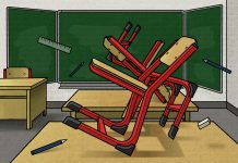 Ein AfD-Mitglied im Schuldienst – geht das? Eine farbige Zeichnung zeigt ein Klassenzimmer. Die Stühlöe sind so angeordnet, dass sie ein Hakenkreuz ergeben.