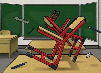 Ein AfD-Mitglied im Schuldienst – geht das? Eine farbige Zeichnung zeigt ein Klassenzimmer. Die Stühlöe sind so angeordnet, dass sie ein Hakenkreuz ergeben.